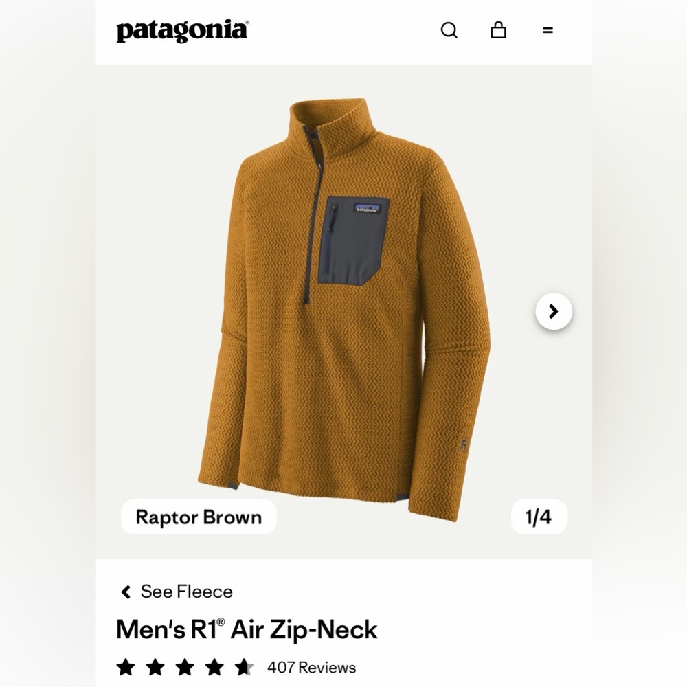 NWT Patagonia Men's R1® Air Zip-Neck Raptor Brown - S